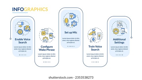 2D Sprachassistent Vektor-Infografik-Vorlage mit bunten Symbolen, Datenvisualisierung mit 5 Schritten, Prozess-Timeline-Diagramm.