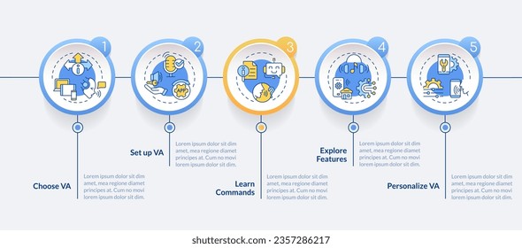 plantilla de infografía vectorial de asistente de voz 2D con iconos de línea, visualización de datos con 5 pasos, gráfico de línea de tiempo de proceso.