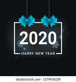2d white 2020 numbers and bows. Black  happy New Year background with shiny vector elements.