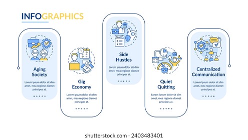 Plantilla de infografía vectorial de tendencias 2D en el lugar de trabajo con iconos de línea coloridos, visualización de datos con 5 pasos, tabla de tiempos de procesos.