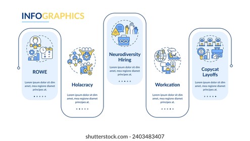 2D workplace trends vector infographics template with multicolor linear icons concept, data visualization with 5 steps, process timeline chart.