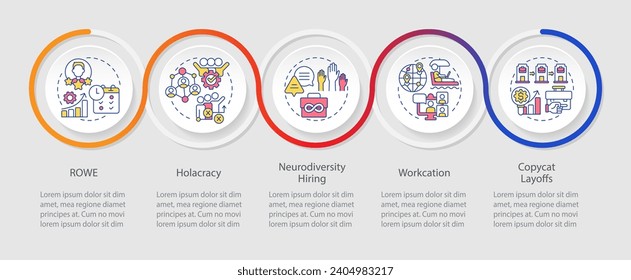 2D workplace trends vector infographics template with colorful linear icons concept, data visualization with 5 steps, process timeline chart.