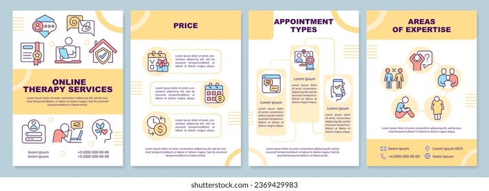2D yellow online therapy brochure template, leaflet design with thin linear icons, 4 vector layouts.