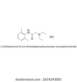 2-(Dietilamino)-N-(2,6-dimetilfenil)acetamida, estrutura esquelética de monocloridrato. ilustração esquemática do composto de sal anestésico. Diagrama simples, fórmula química.