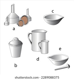 2d-illusration of set of porcelain products: a - nets and funnels, used for filtering suspensions, b - crucibles for calcining wet materials, c, d - for evaporating liquids, e - a mortar and a pestle