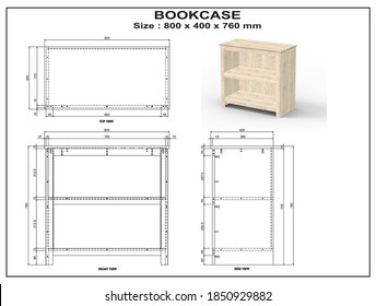 2-dimensional bookcase furniture, with component sizes to be produced