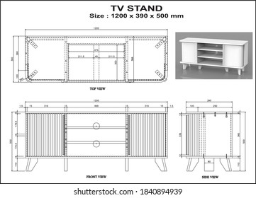 2-dimensional drawing of tv stand furniture, with component sizes to be produced