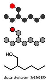 2-ethylhexanol (2-EH) molecule. Used as solvent, fragrance component and chemical precursor. Stylized 2D renderings and conventional skeletal formula. 