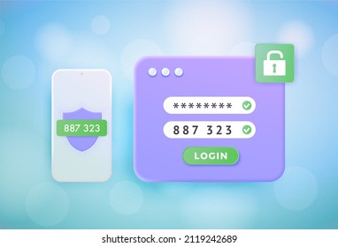 2FA 2-step authentication 3d vector concept. Two steps Verification SMS code with password for secure access your account. Multi factor 2fa authentication with smartphone, laptop and shield icon.