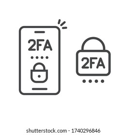 2fa icon line password secure login authentication verification vector outline art or sms push code messages symbol on smartphone mobile phone isolated pictogram, two factor or multi factor cellphone