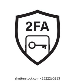 2FA icon, two factor verification password and login for user identity authentication, internet security. mobile phone, secure shield, key. monochrome pictogram. flat vector illustration