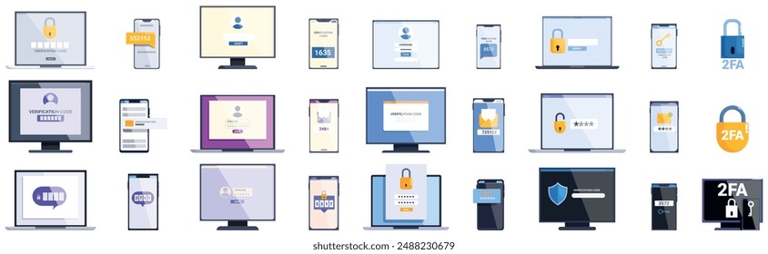 2fa icons set. Collection of electronic devices showing different ways of performing two factor authentication