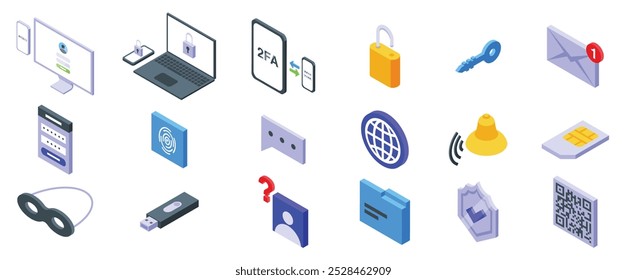 2fa icons set. Collection of icons representing various aspects of online security, emphasizing the importance of protecting digital information