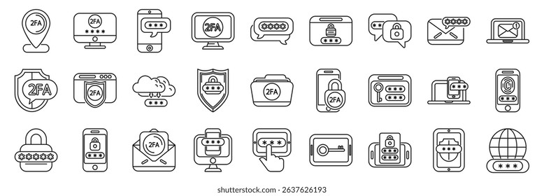  2fa icons set. Protecting digital data with two factor authentication, ensuring secure login and access across various devices and platforms