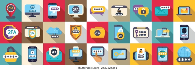 2fa icons set. Various icons representing two factor authentication, login verification, password protection, and cybersecurity measures