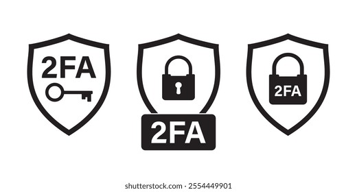 2FA icons, two factor verification password and login for user identity authentication, internet security. Secure shield, key and padlock. Set of monochrome pictograms. flat vector illustration