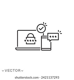2fa multi factor verification icon, two factor authentication, online password verify, code login on laptop from mobile, secure message in phone, thin line symbol isolated on white background, eps 10
