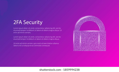 2FA two factor authentication with padlock on modern pink background. Protecting your money. Unlocking via smartphone. Vector illustration for website or banner.