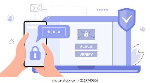 2fa Two factor authentication password secure notice login verification code Notice with code fo sign in Two steps factor verification via laptop and phone Mobile OTP method Vector flat illustration - Shutterstock ID 2119740206