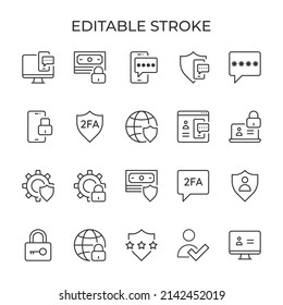 2fa autenticación de dos factores. Verificación y seguridad de contraseña. Código para teléfono o computadora. Conjunto de iconos lineales. Ilustración vectorial.