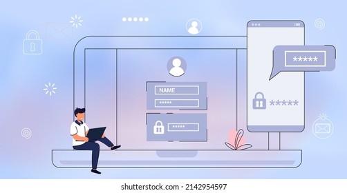 2fa Two factor authentication password secure notice login verification code Notice with code fo sign in Two steps factor verification via laptop and phone Mobile OTP method Vector flat illustration