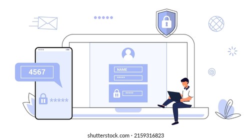 2fa Contraseña de autenticación de dos factores aviso seguro código de verificación de inicio de sesión Aviso con código de inicio de sesión Verificación de factor de dos pasos a través de laptop y teléfono. Método OTP móvil Ilustración plana Vector