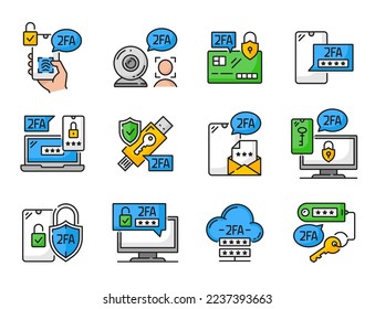 2FA two factor verification color icons or 2 step authentication vector outline symbols. 2FA or user data secure access and authentication icons of mobile phone and e-mail password and USB key token