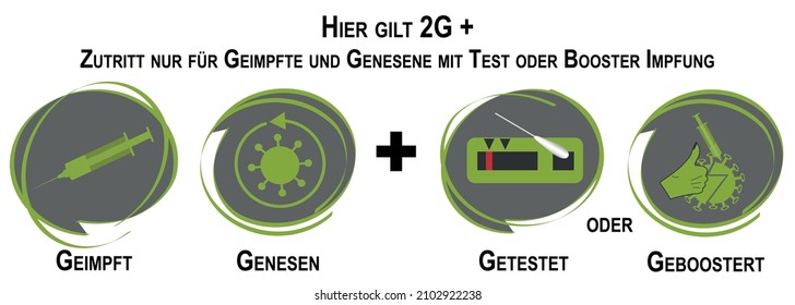 The 2G plus with booster vaccination. Text German (2G + applies here, access only for vaccinated and convalescent with test or booster vaccination (vaccinated, recovered + tested or boosted) Vector