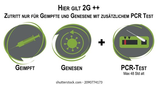 The 2G plus plus rule. Text in German (2G ++ applies here, access only for vaccinated and recovered persons with an additional PCR test (vaccinated, recovered + PCR test, max 48 hours old) vector
