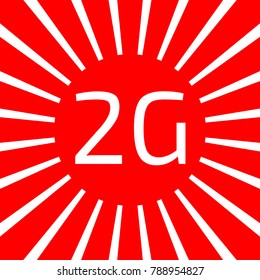 2g technology icon. Vector. White icon on red sun with rays as background. Isolated.
