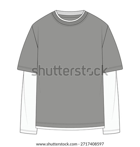 2-in-1 long sleeve t-shirt for tech pack. Oversized layered tee vector illustration with ribbed crew neck. Blank layered long sleeve t-shirt technical drawing. Technical flat sketch of a layered double-sleeve t-shirt.