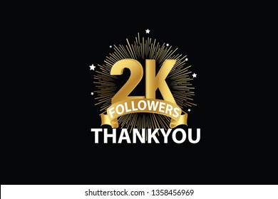 2K, 2000 Followers anniversary, minimalist logo years, jubilee, greeting card. invitation. Sign Ribbon Gold space vector illustration on black background - Vector