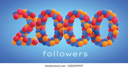 2k oder 2000 Anhänger danken Ihnen mit bunten Ballons. Social Network Freunde, Anhänger, Feiern von Abonnenten oder Anhänger und Gefallen. Vektorgrafik