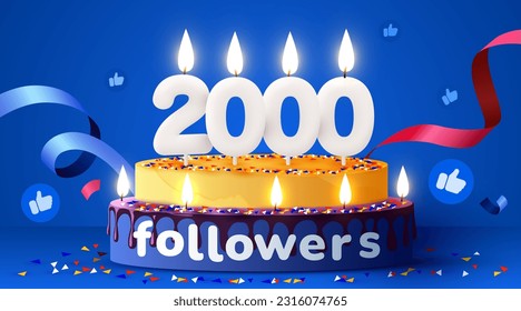 2k or 2000 followers thank you. Social Network friends, followers, subscribers and likes. Birthday cake with candles. Vector illustration