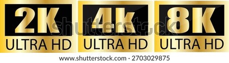 2k, 4k and 8k ultra hd golden labels, isolated on white background high definition video resolution standard perfect for technology, media, and entertainment concepts
