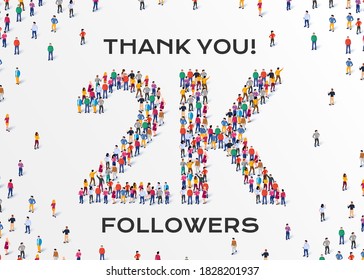 2K Followers. Group of business people are gathered together in the shape of 2000 word, for web page, banner, presentation, social media, Crowd of little people. Teamwork.