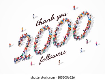 2K Followers. Group of business people are gathered together in the shape of 2000 word, for web page, banner, presentation, social media, Crowd of little people. Teamwork.