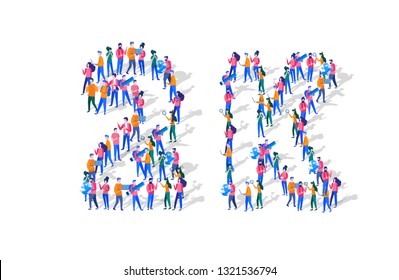 2K Followers Isometric Vector Concept, Group of business people are gathered together in the shape of 2000 word, for web page, banner, presentation, social media, Crowd of little people. teamwork