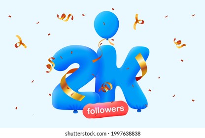2K followers thank you 3d blue balloons and colorful confetti. Vector illustration 3d numbers for social media 2000 followers, Thanks followers, blogger celebrates subscribers, likes