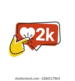 2k icon likes. 2k counter notification icon. Follower. Button, ui, web. 2000 social media likes. Hand click finger icon vector