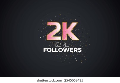 2K isolated on Dark background with sparkling confetti, Thank you followers peoples, golden, Pink number 2K online social group, 3k
