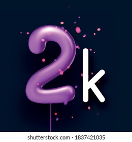 2k sign violet balloons with threads on black background with lights confetti. Vector festive illustration.