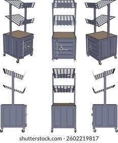 2-level shelf with middle cabinet, 6-side view on white background