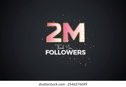 2M isolated on Dark background with sparkling confetti, Thank you followers peoples, golden, Black number 2M online social group, 3M
