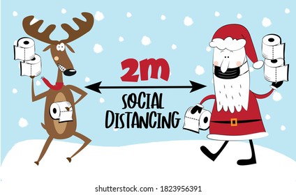 2m - Social distancing - COVID-19 information vector graphic. Santa Claus in facemask and reindeer with toilet papers.