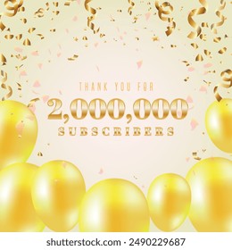 2M subscribers celebration design. Gold text with baloons on light background. Luxurious 2M subscribers logo post banner for social media.