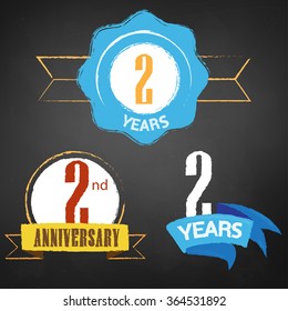 2nd Anniversary/ 2 years colorful chalk emblem vector with 3 different options