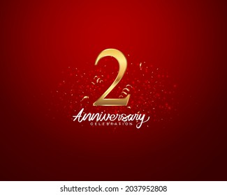 2nd anniversary background with 3D number illustration golden numbers and Anniversary Celebration text with golden confetti on red background.