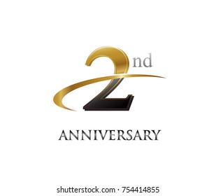2nd anniversary black and golden swoosh. simple logo vector design for greeting card and invitation card