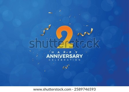 2nd Anniversary celebration, 2 Anniversary celebration, Blue background, Realistic 3d sign, Orange number 2 sparkling confetti, 2,3